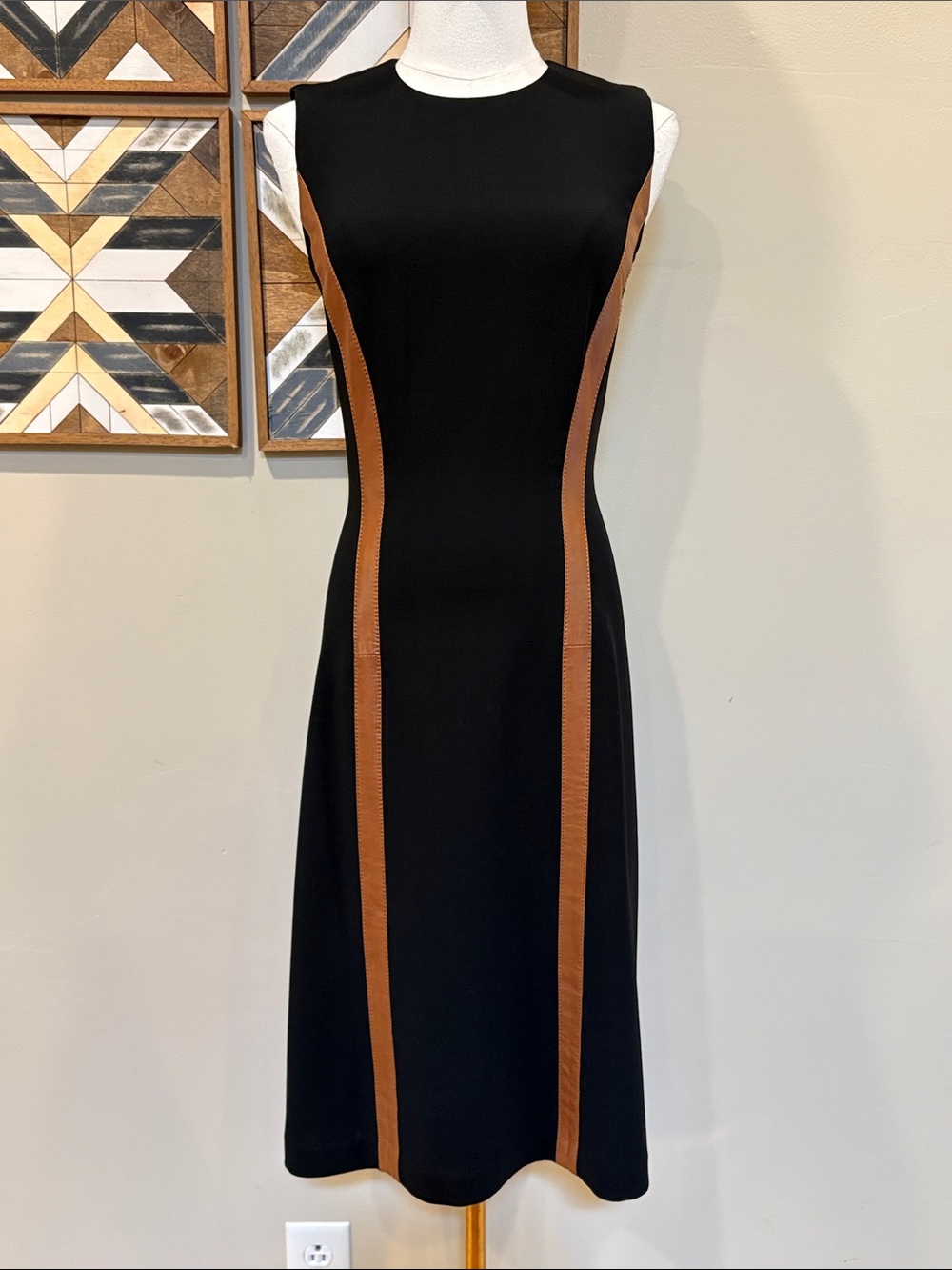 Ralph Lauren Collection Caitlin Black Sleeveless Tan Leather Detail Dress size 0 - Picture 2 of 14